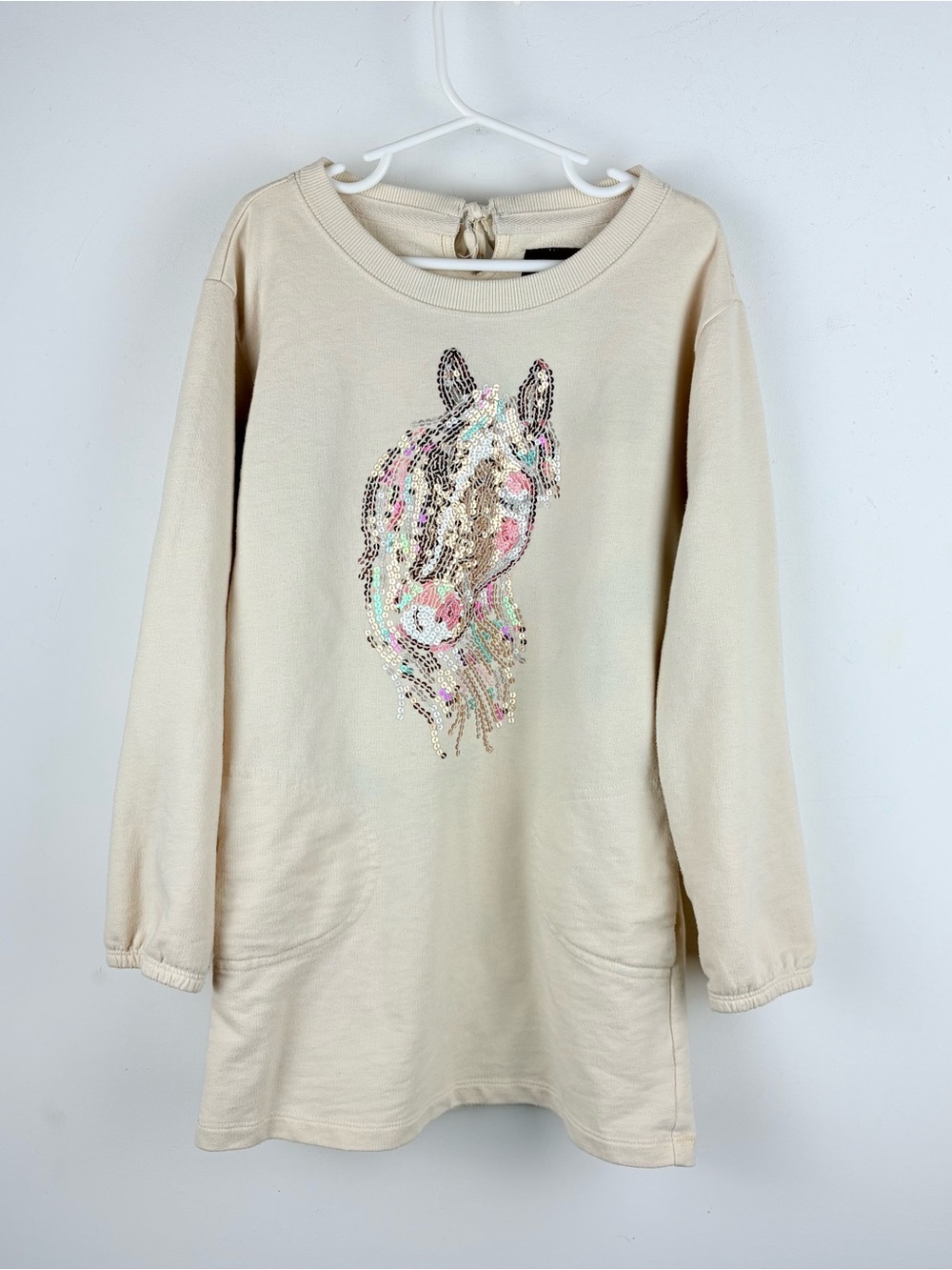 GapKids Girls Beige Long Sleeve Pullover Sweatshirt Dress Tunic Sequin Horse 6 7